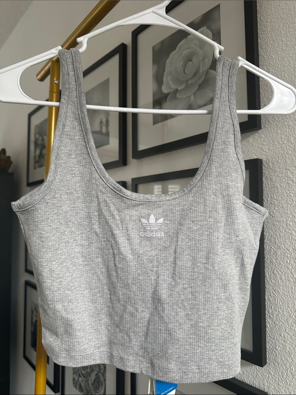 adidas Gray Ribbed Cropped Tank with Trefoil